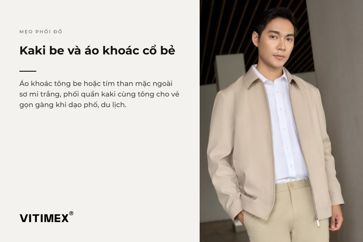 Quần kaki nam phối với áo khoác cổ bẻ