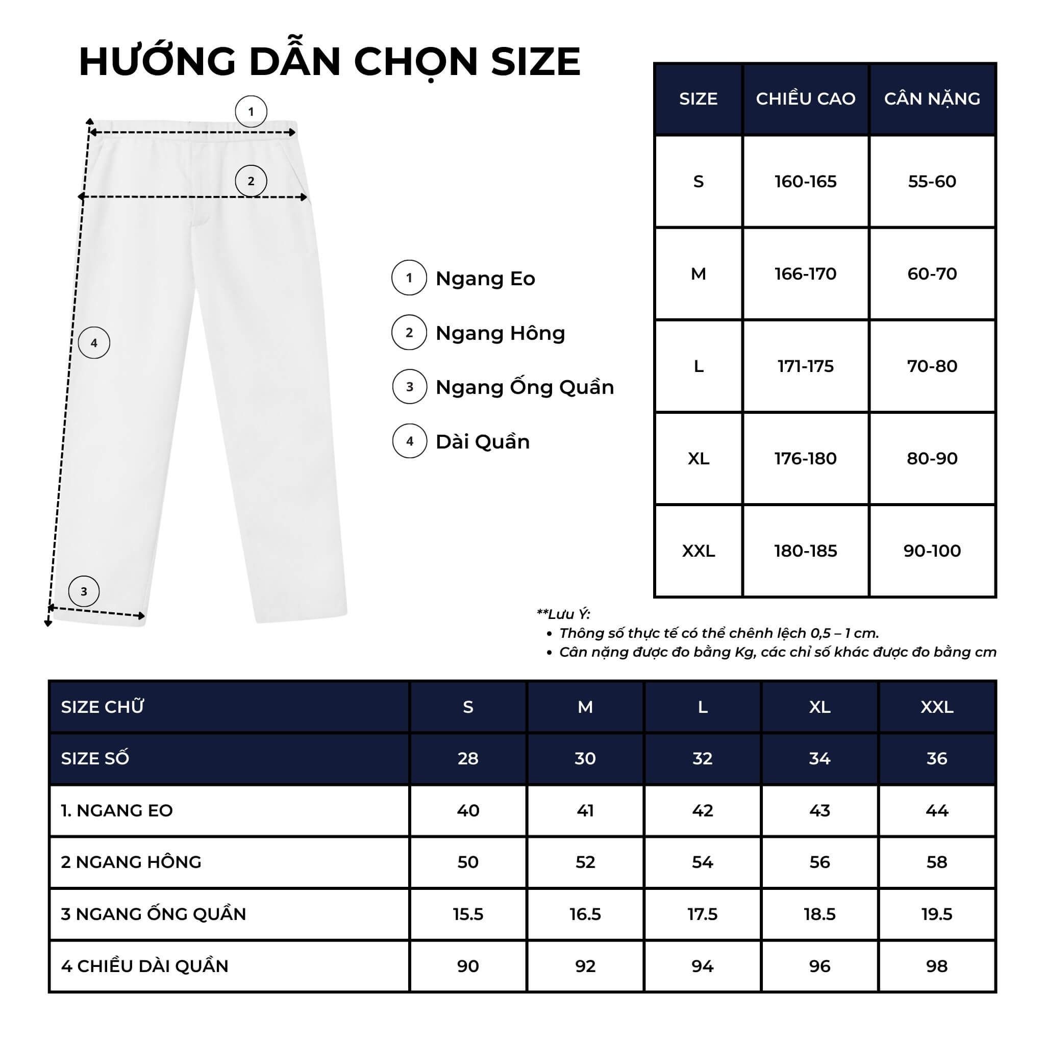 Bảng size quần dài