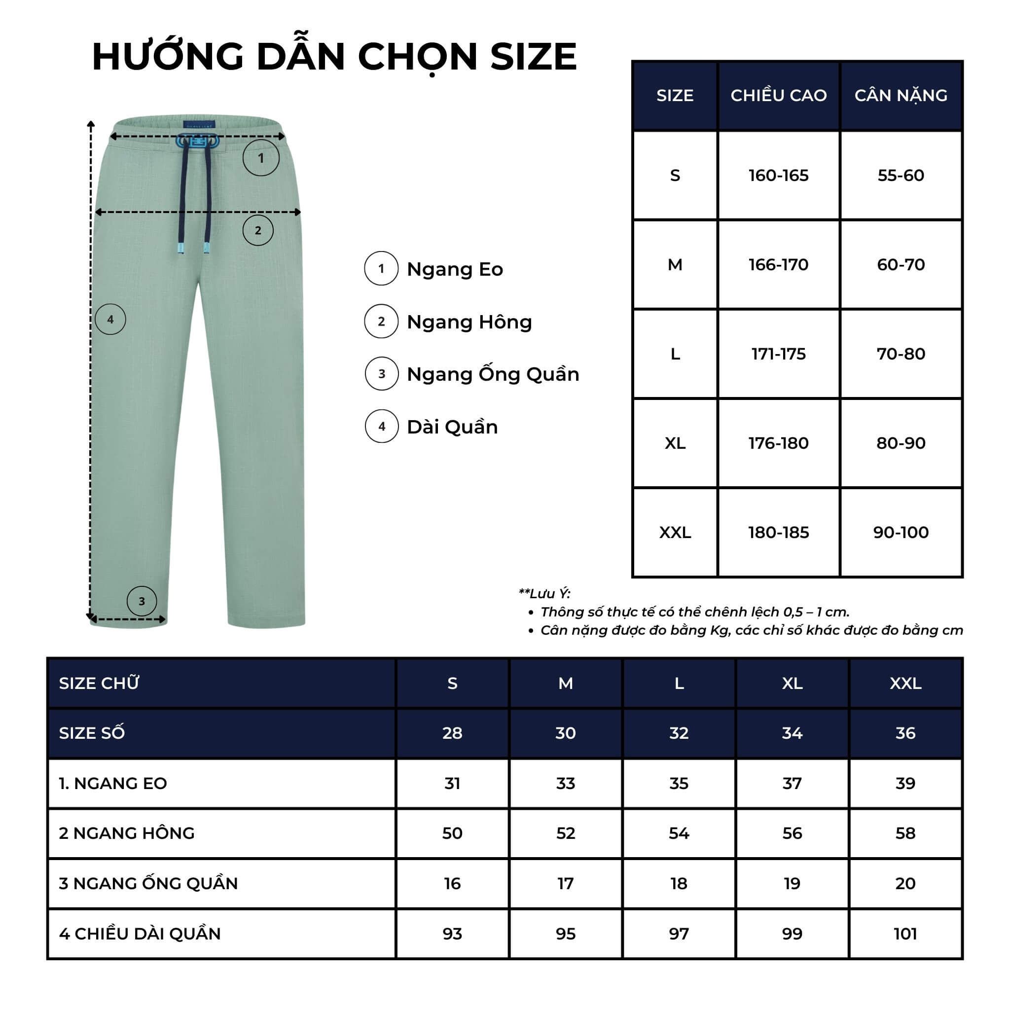 Bảng size quần dài