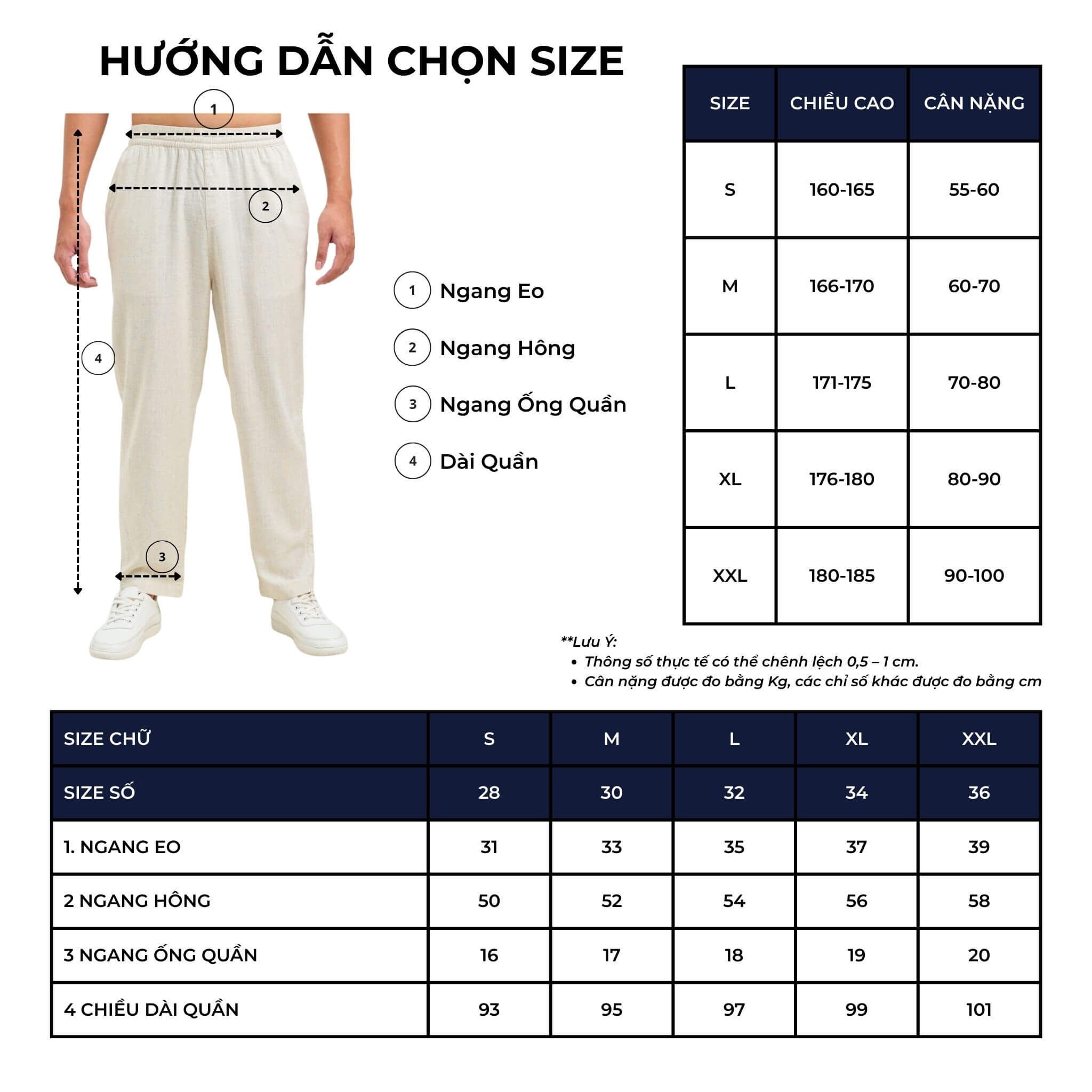 Bảng size quần dài