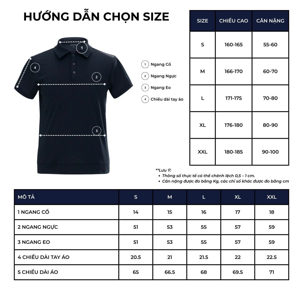 size chart áo polo gassin