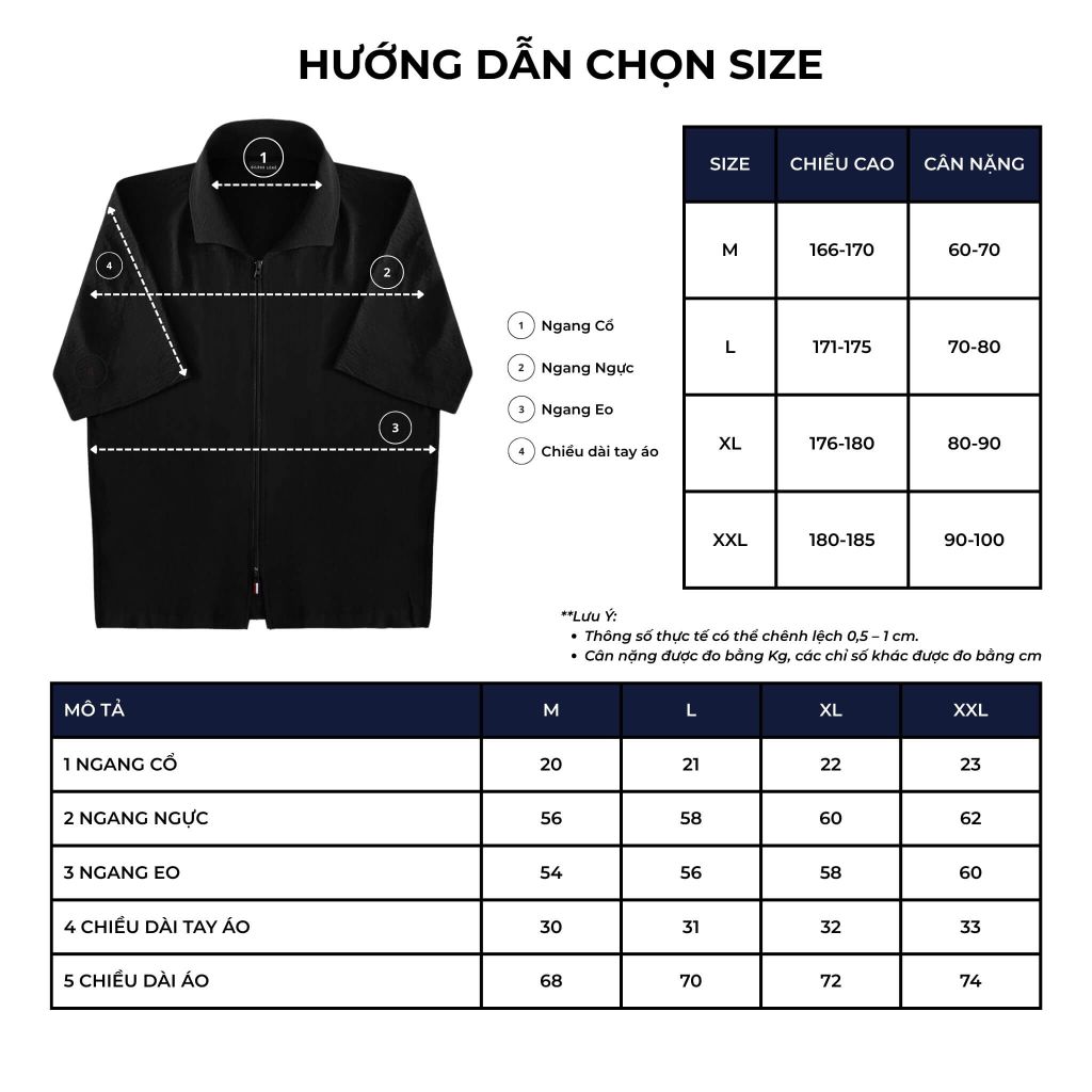 bảng size chart áo sơ mi mistral