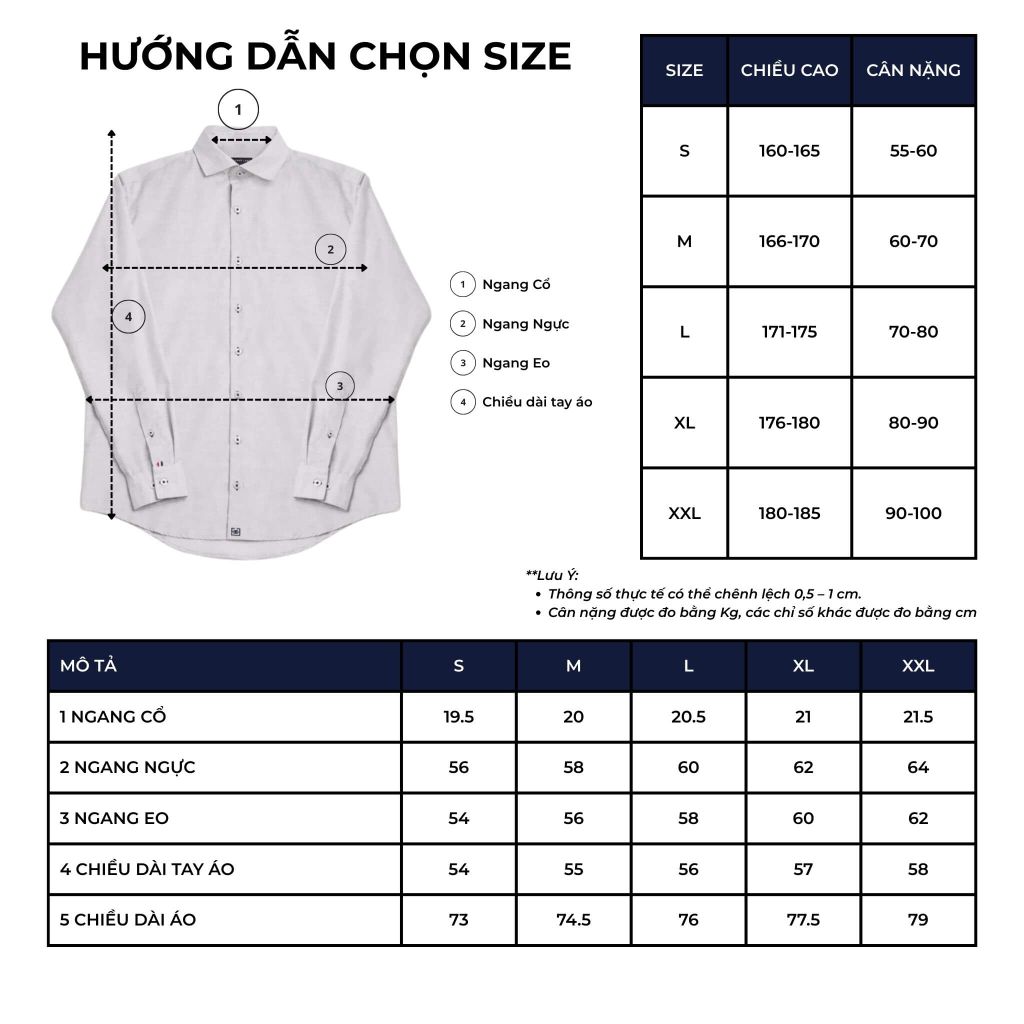 size chart áo sơ mi st raphael
