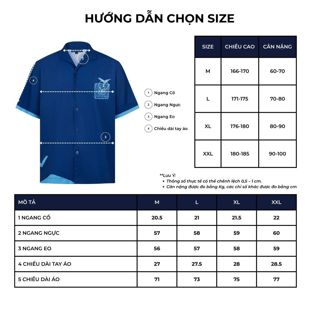 bảng size chart áo sơ mi nam blue stamp