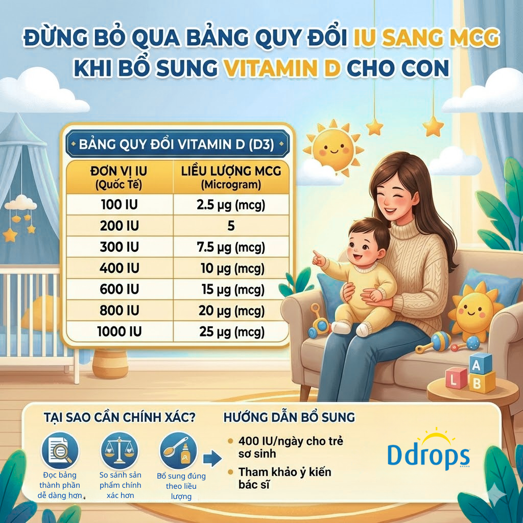 Đừng bỏ qua bảng quy đổi IU sang MCG nếu mẹ đang bổ sung vitamin D cho con