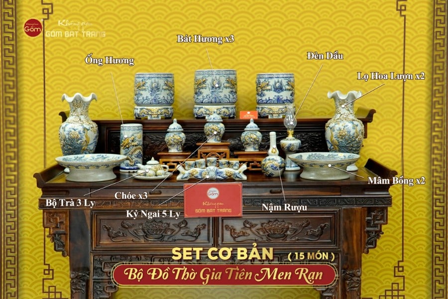 Bộ Đồ Thờ Gia Tiên (Cơ Bản 15 Món) Men Rạn