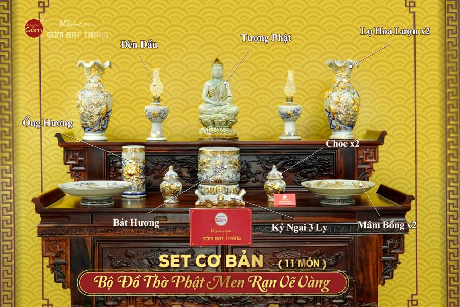 Bộ Đồ Thờ Phật (Cơ Bản 11 Món) Men Rạn Vẽ Vàng