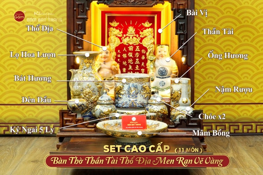 Bộ Đồ Thờ Thần Tài Thổ Địa (Cao Cấp 11 Món) Men Rạn Vẽ Vàng