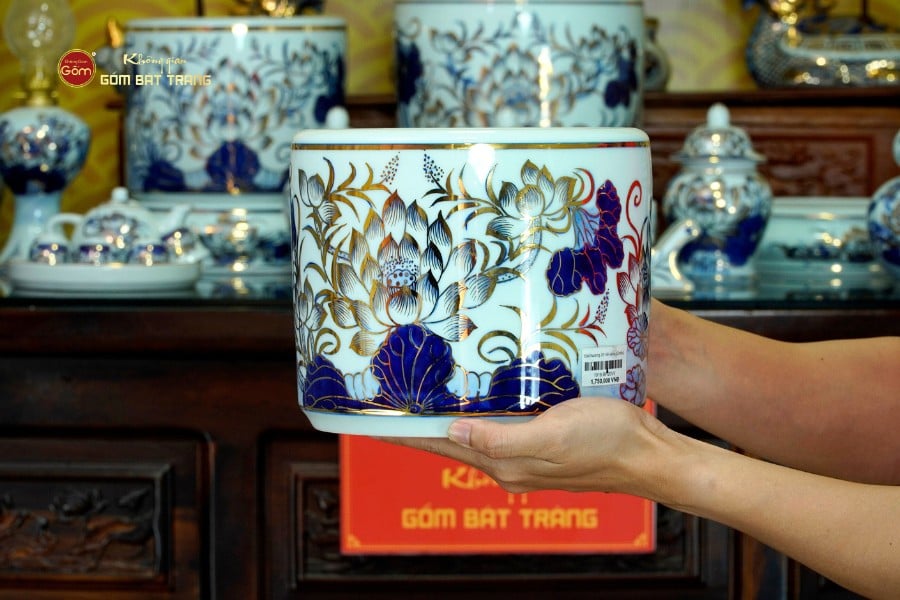 Bộ Đồ Thờ Gia Tiên (Cơ Bản 15 Món) Men Lam Vẽ Vàng