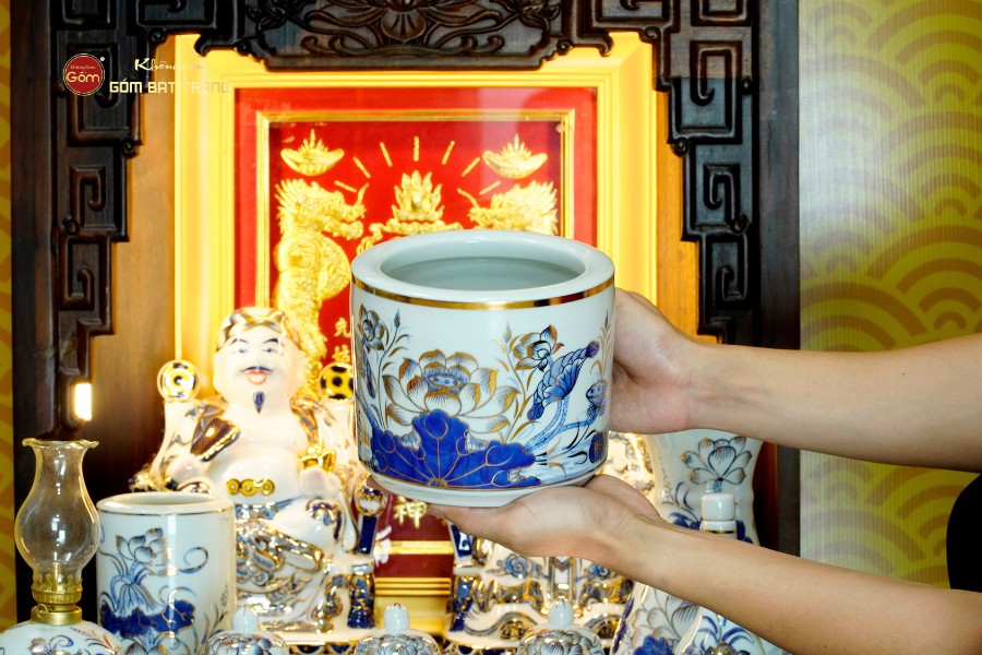 Bộ Đồ Thờ Thần Tài Thổ Địa (Cao Cấp 12 Món) Men Lam Vẽ Vàng