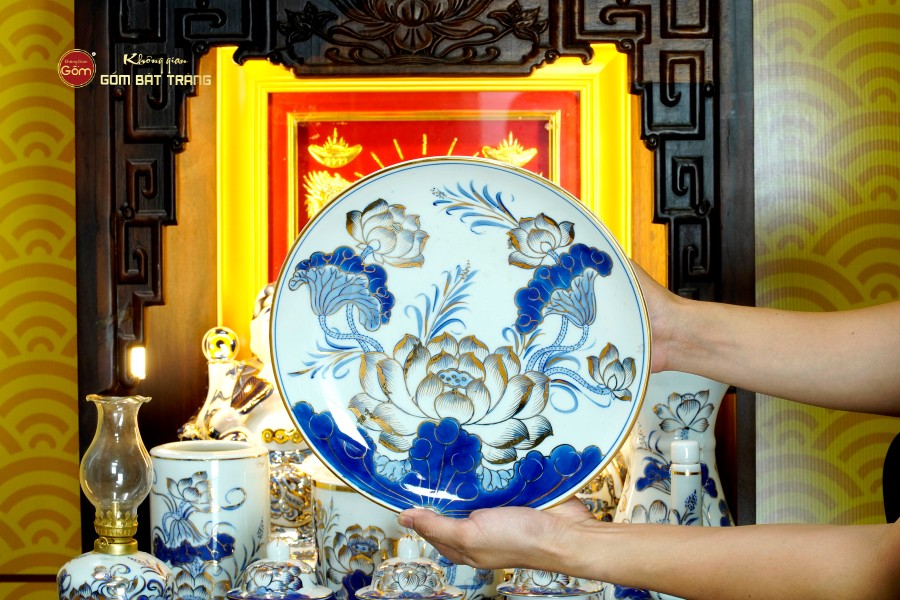 Bộ Đồ Thờ Thần Tài Thổ Địa (Cao Cấp 12 Món) Men Lam Vẽ Vàng