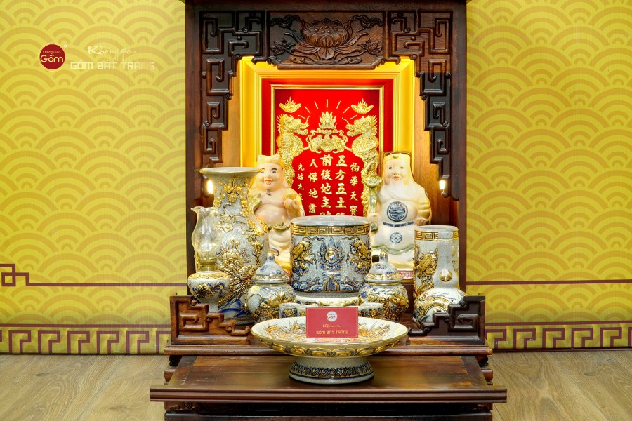 Bộ Đồ Thờ Thần Tài Thổ Địa (Cao Cấp 11 Món) Men Rạn Vẽ Vàng