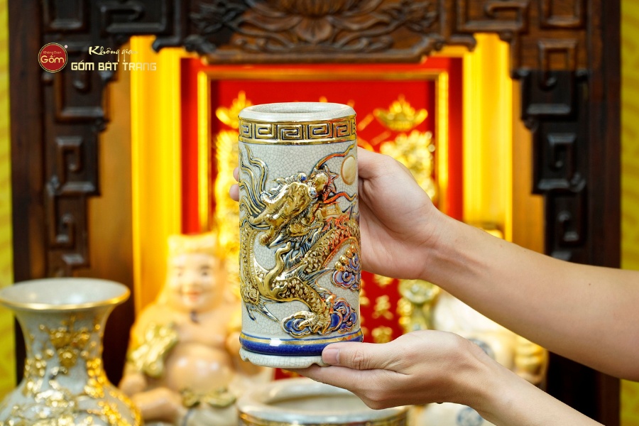 Bộ Đồ Thờ Thần Tài Thổ Địa (Cao Cấp 11 Món) Men Rạn Vẽ Vàng