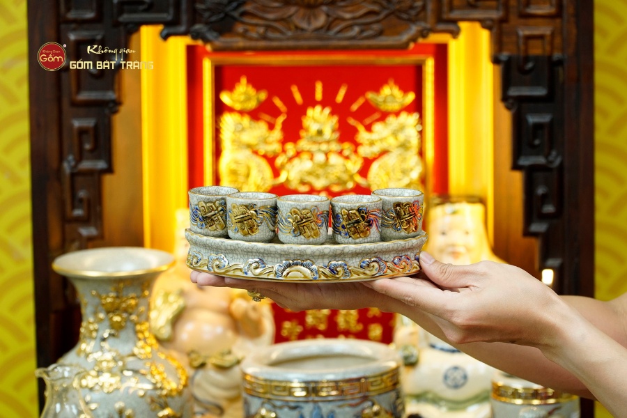 Bộ Đồ Thờ Thần Tài Thổ Địa (Cao Cấp 11 Món) Men Rạn Vẽ Vàng