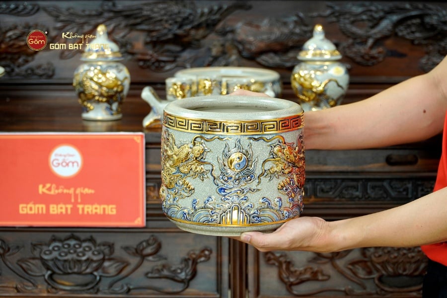 Bộ Đồ Thờ Phật (Cơ Bản 11 Món) Men Rạn Vẽ Vàng