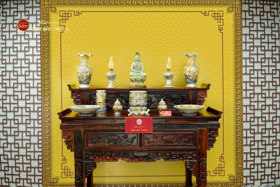 Bộ Đồ Thờ Phật (Cơ Bản 11 Món) Men Rạn Vẽ Vàng