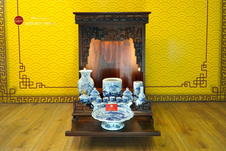 Bộ Đồ Thờ Thần Tài Thổ Địa (Cơ Bản 9 Món) Men Lam