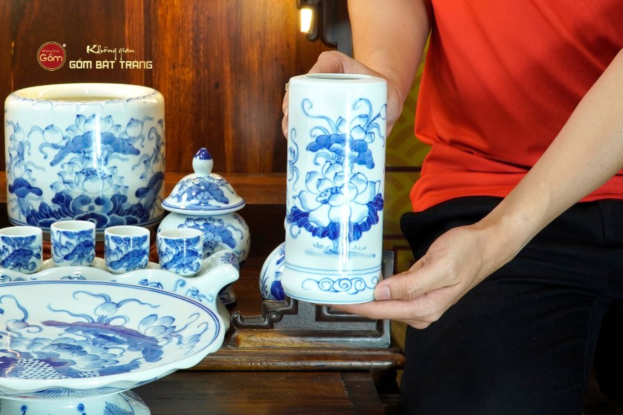 Bộ Đồ Thờ Thần Tài Thổ Địa (Cơ Bản 9 Món) Men Lam