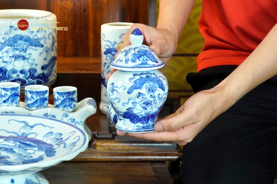 Bộ Đồ Thờ Thần Tài Thổ Địa (Cơ Bản 9 Món) Men Lam