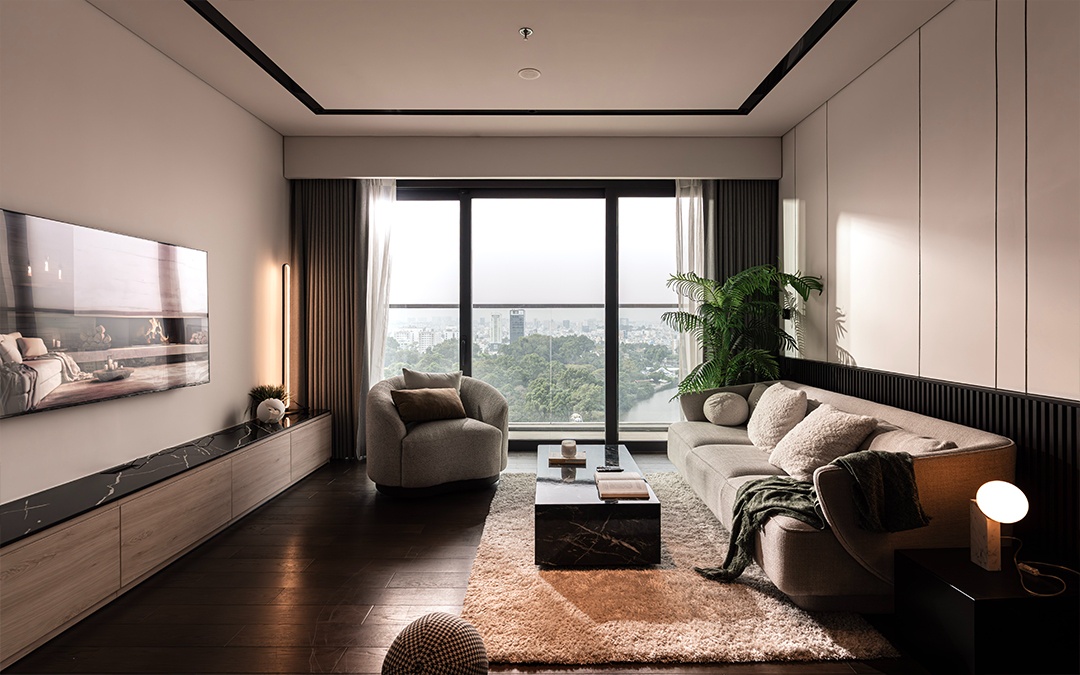 Không gian phòng khách tinh tế của căn hộ 2 phòng ngủ cho thuê tại dự án Grand Marina Saigon