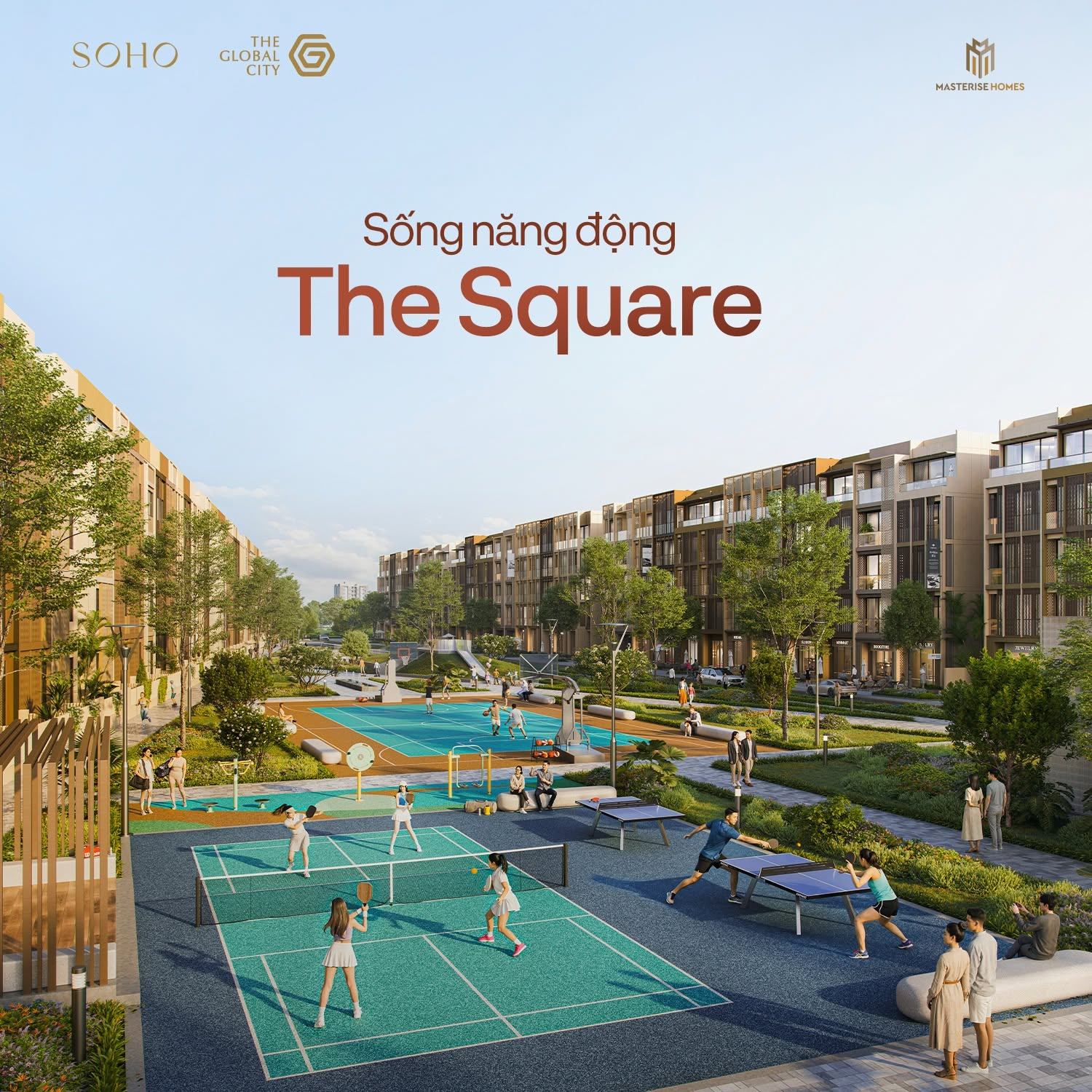 Sân pickleball, bóng rổ và không gian xanh tại công viên The Square thuộc dự án SOHO