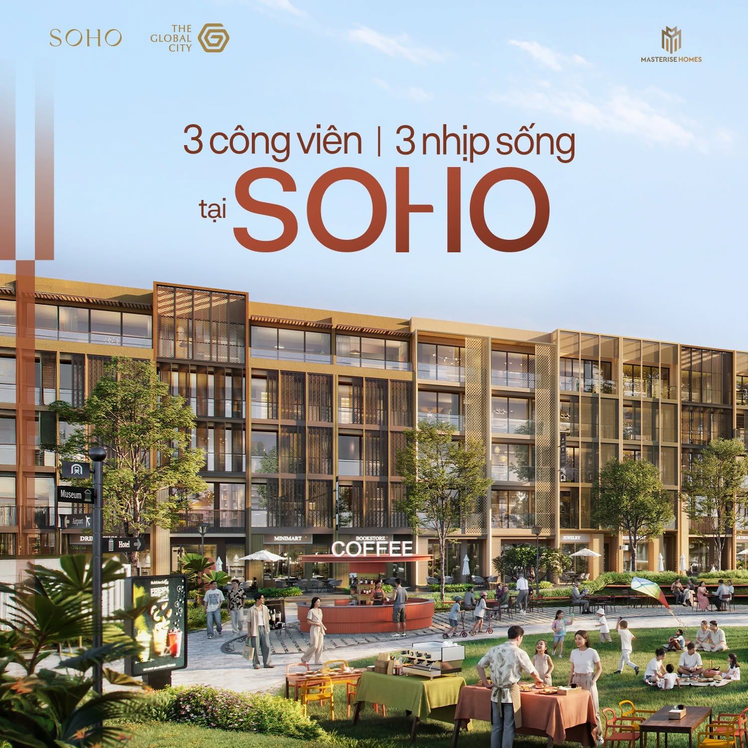Toàn cảnh hệ thống 3 công viên nội khu The Yard, The Square và The Playground tại phân khu nhà phố thương mại SOHO