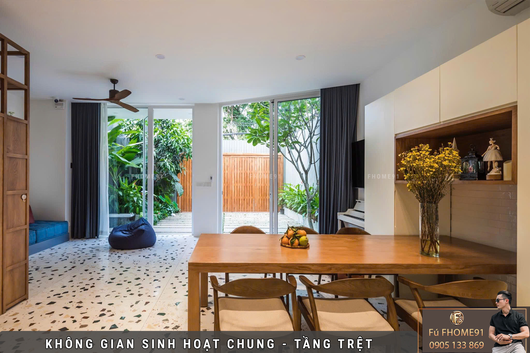 Không gian phòng khách nhà phố resort, thiết kế mở thoáng sáng