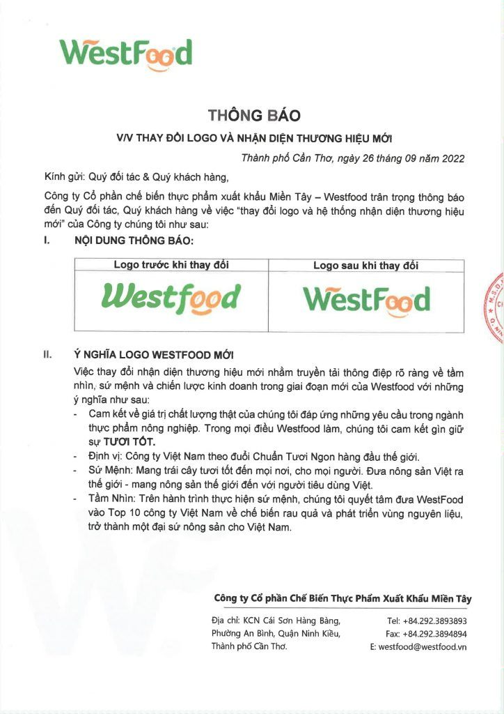 Thông báo thay đổi Logo, nhận diện thương hiệu mới, WestFood