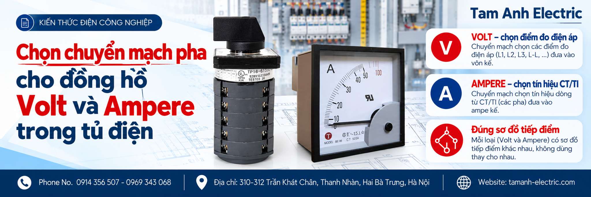 Chọn chuyển mạch pha cho đồng hồ Volt và Ampere trong tủ điện