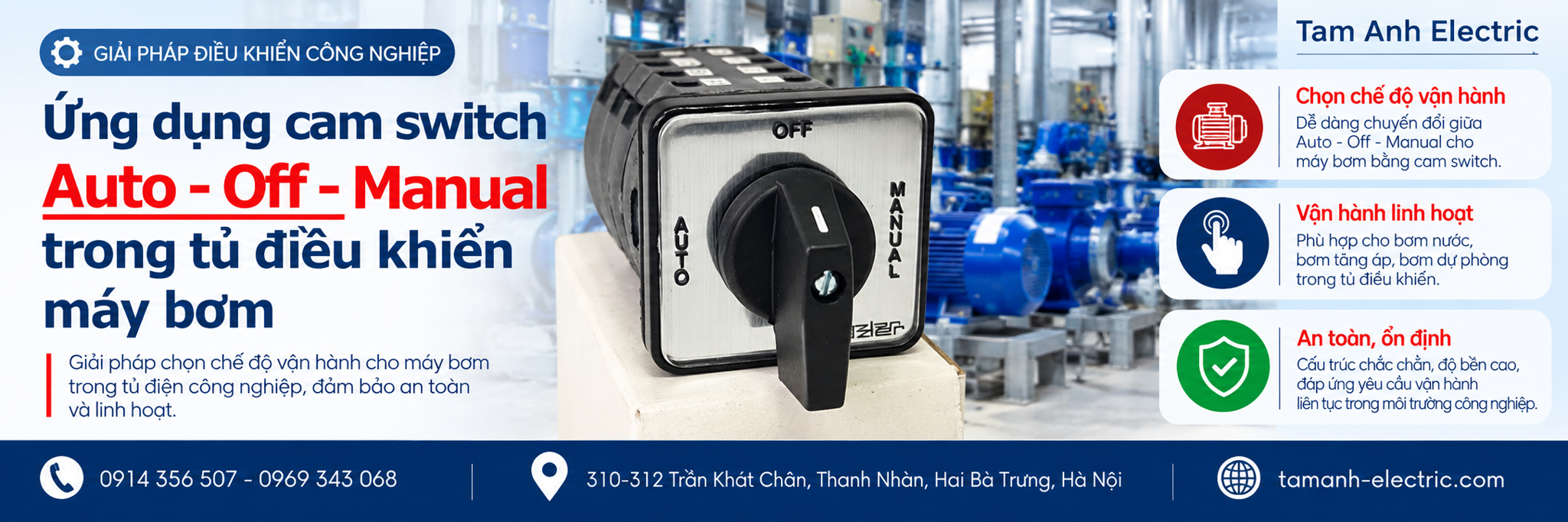 Ứng dụng cam switch Auto-Off-Manual trong tủ điều khiển máy bơm