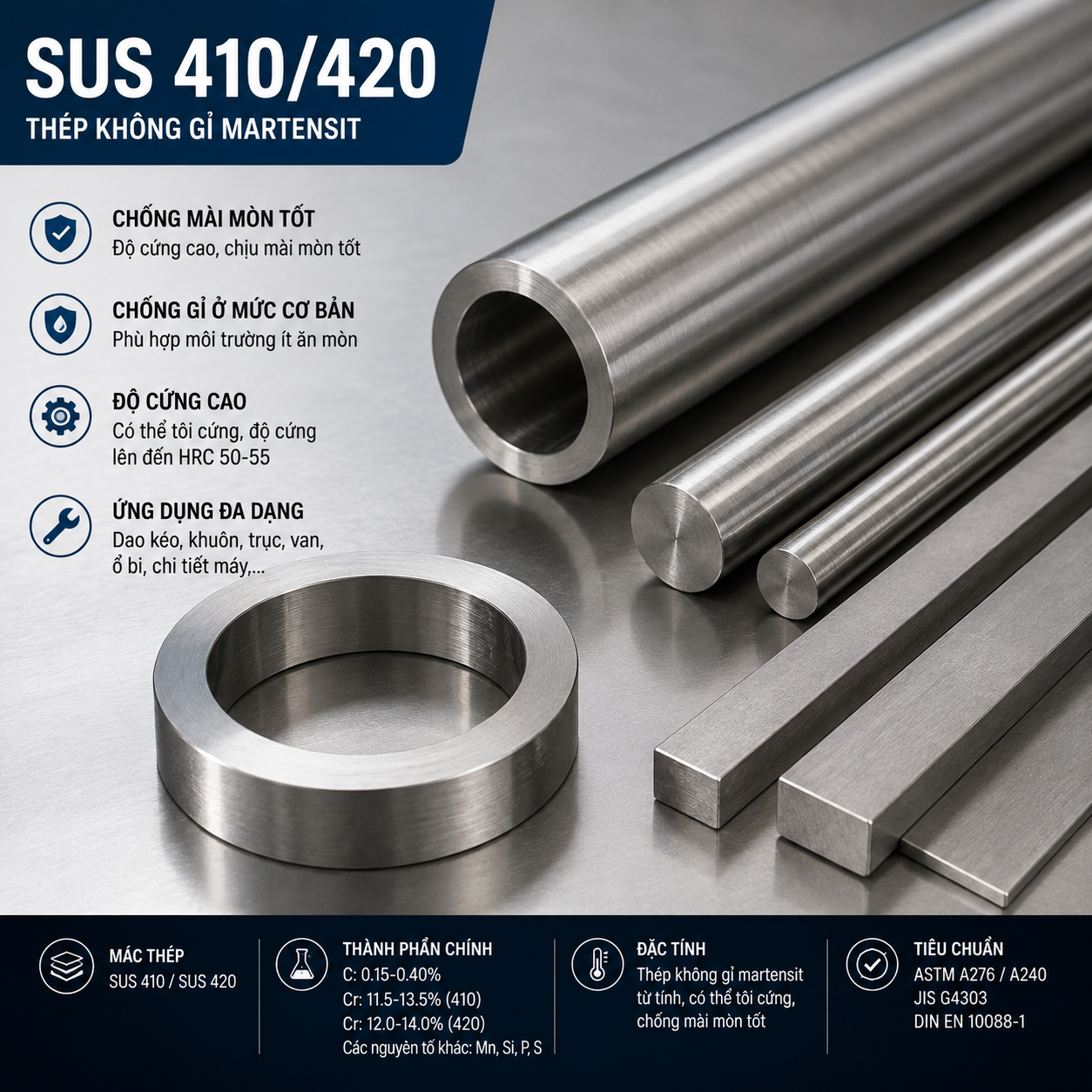 🧲 SUS 410/420 là gì? Inox Martensitic cứng, bền và chịu mài mòn
