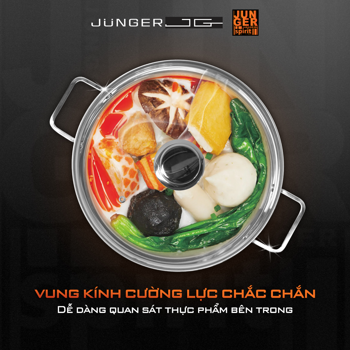 Vung kính cường lực chịu nhiệt cao của bộ nồi Junger
