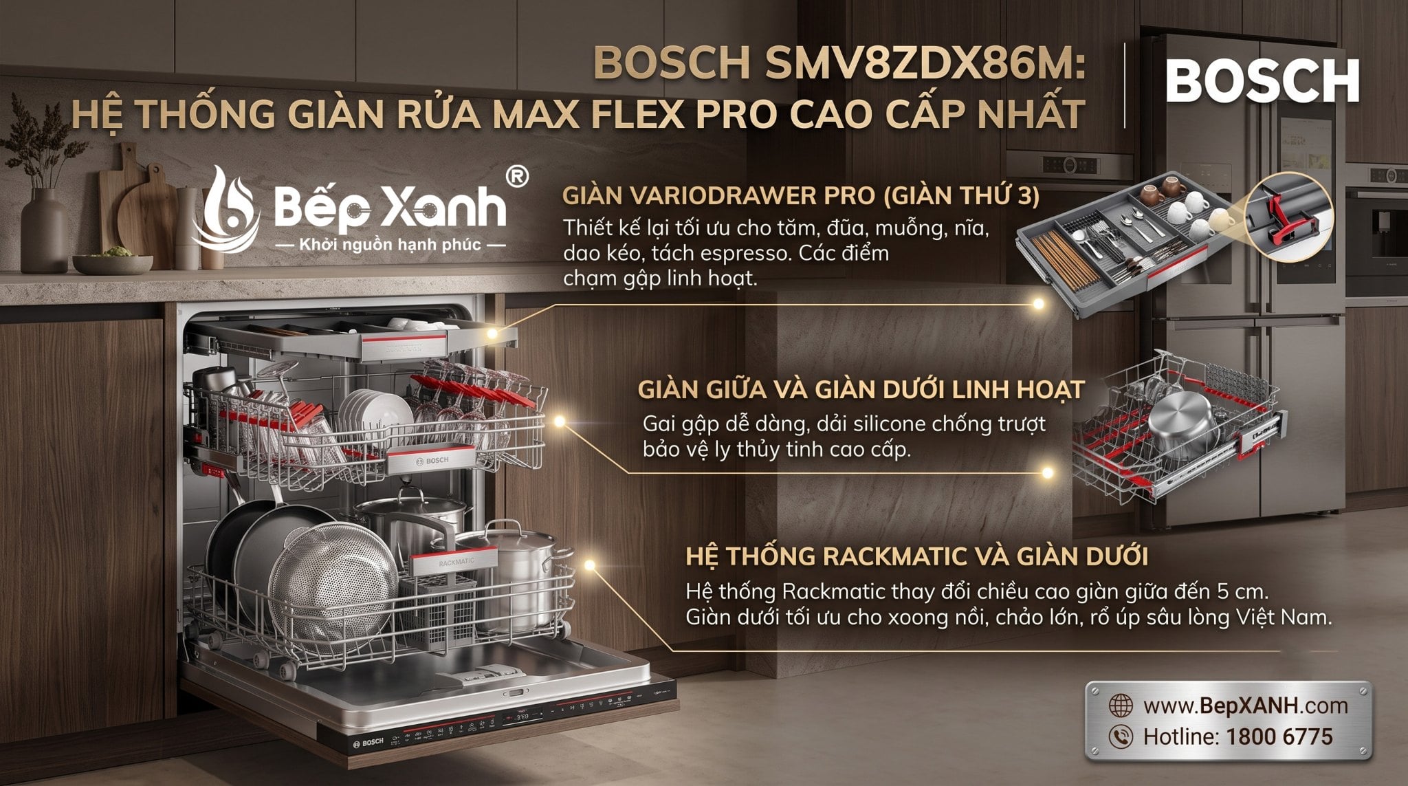 Máy Rửa Chén Âm Tủ Toàn Phần Bosch SMV8ZDX86M có 3 giàn rửa lớn