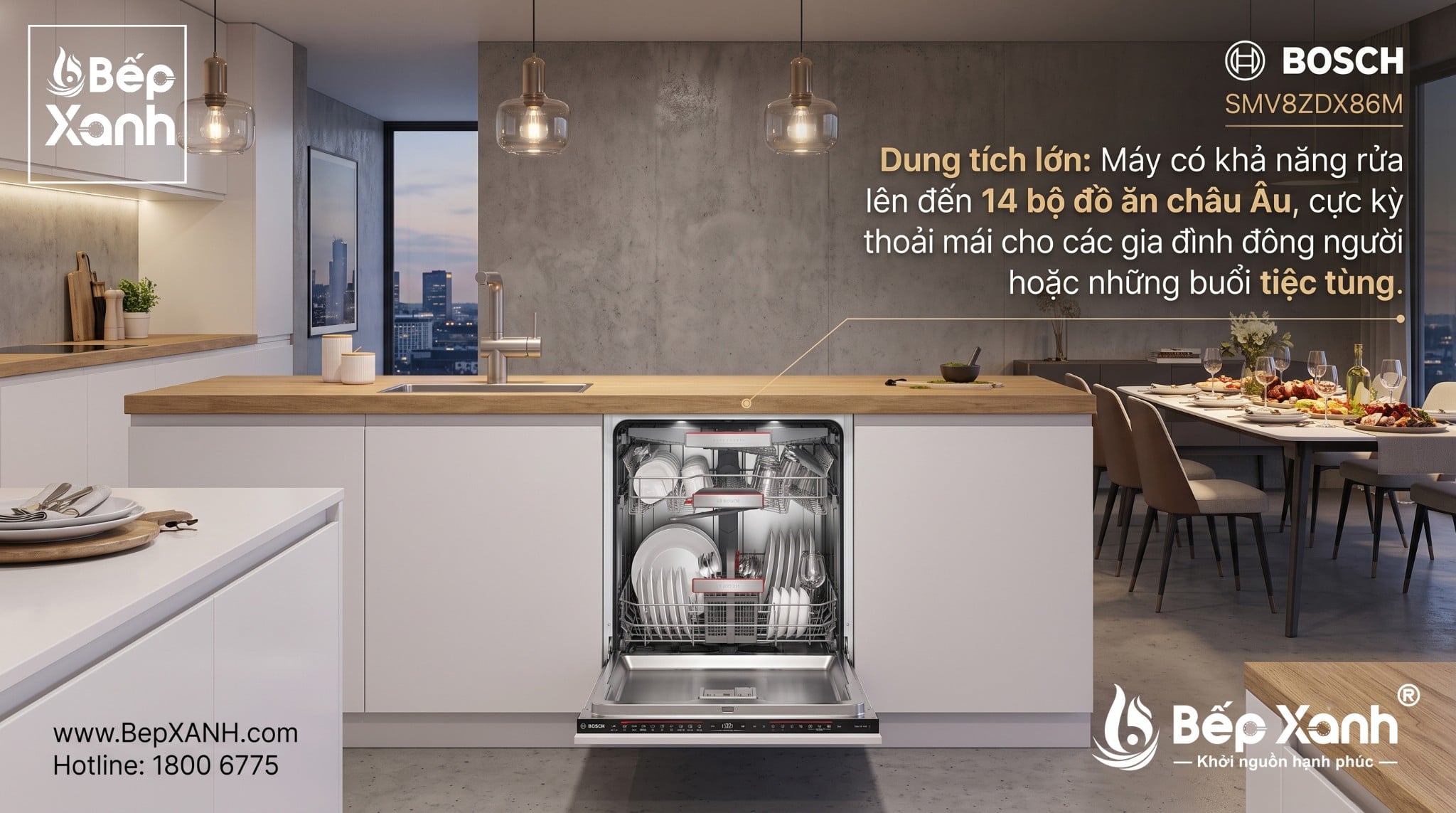 Bosch SMV8ZDX86M dung tích 14 bộ chén dĩa