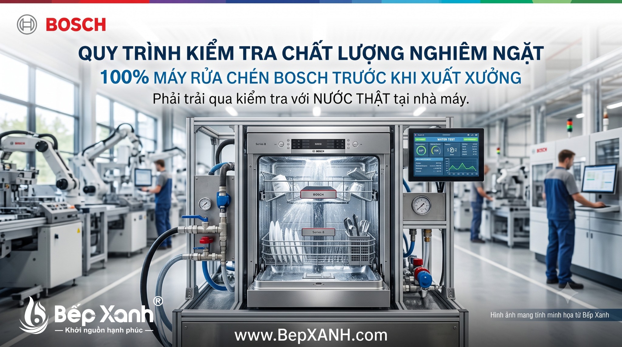 Máy rửa chén Bosch được kiểm tra bằng nước thật trước khi xuất xưởng Máy rửa chén Bosch được kiểm tra bằng nước thật trước khi xuất xưởng