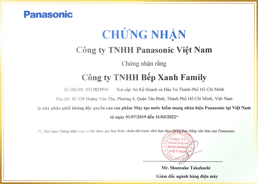Giấy chứng nhận đại lý phân phối máy lọc nước điện giải Panasonic chính hãng - Bếp Xanh