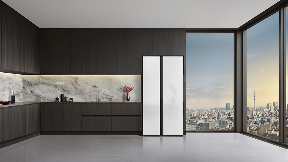 Hitachi Skyline Series Glass White Side by Side Refrigerator