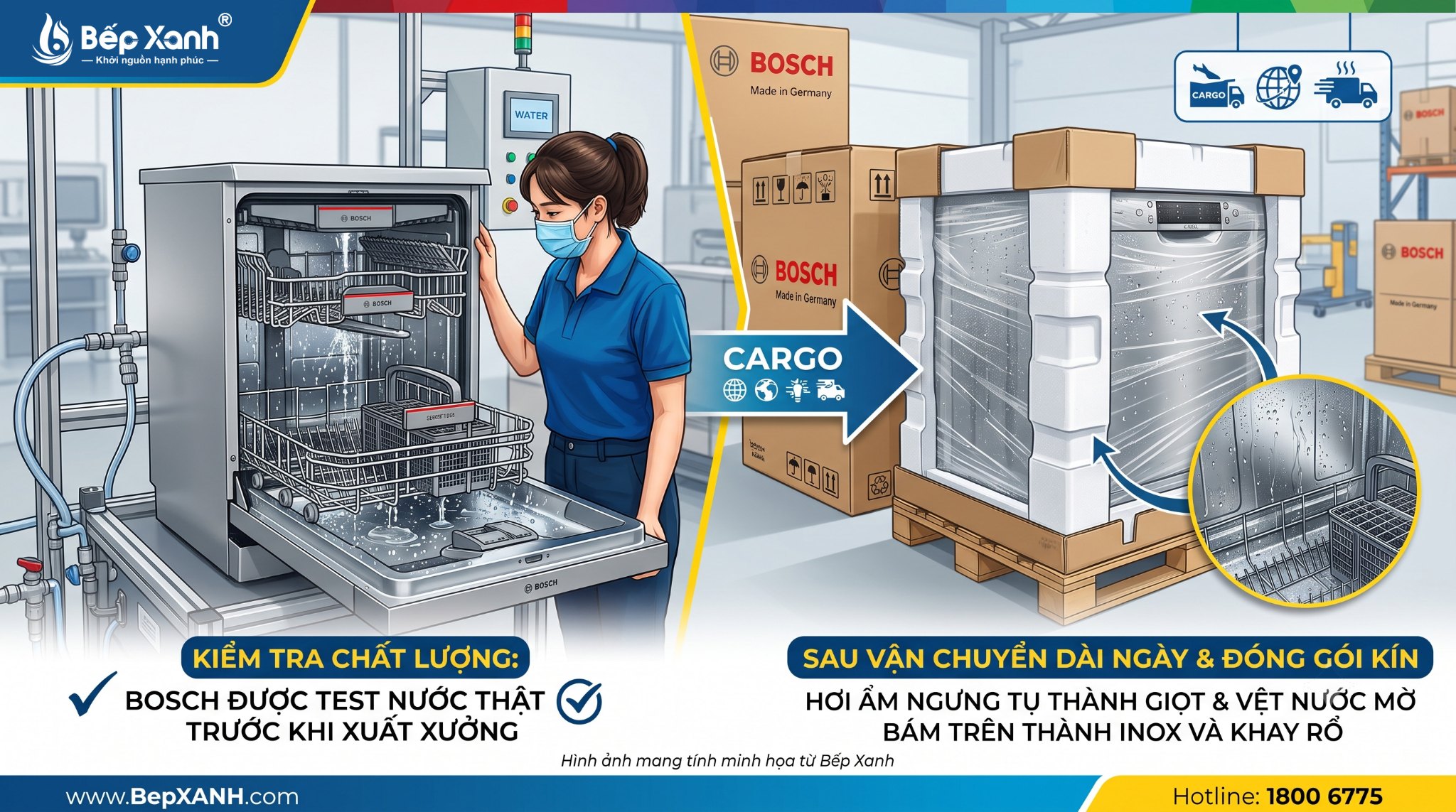 Nước đọng trong khoang máy rửa chén Bosch sau khi xuất xưởng Nước đọng trong khoang máy rửa chén Bosch sau khi xuất xưởng