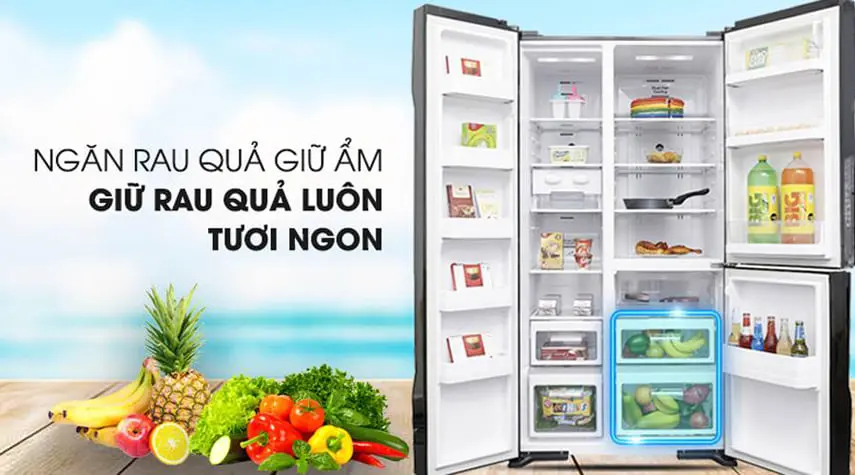 ngăn rau quả riêng biệt độ ẩm cao tủ lạnh hitachi