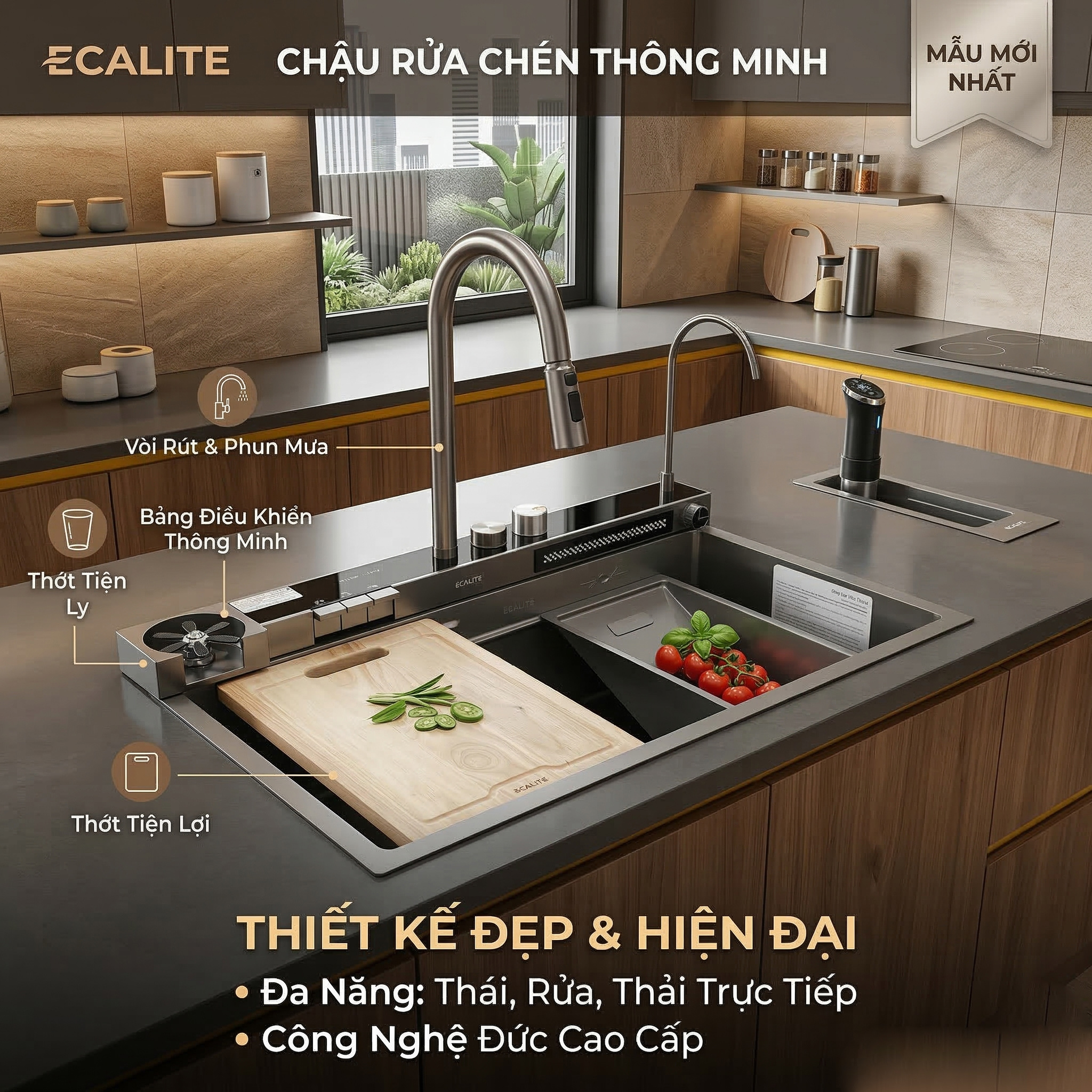 Chậu rửa chén thông minh Ecalite Waterfall ES-N2310WF-S