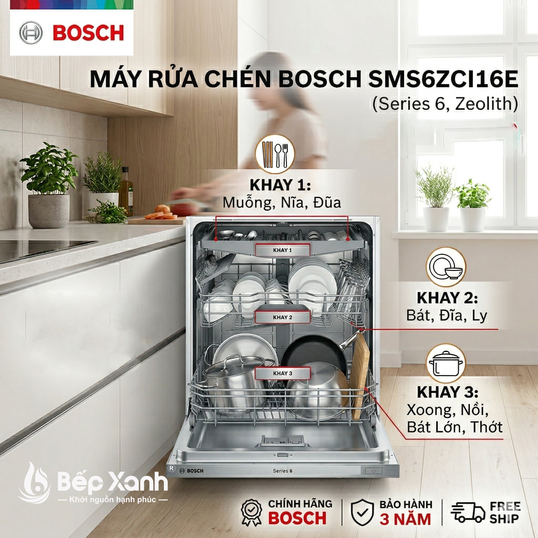 Sức chứa 14 bộ đồ ăn châu âu