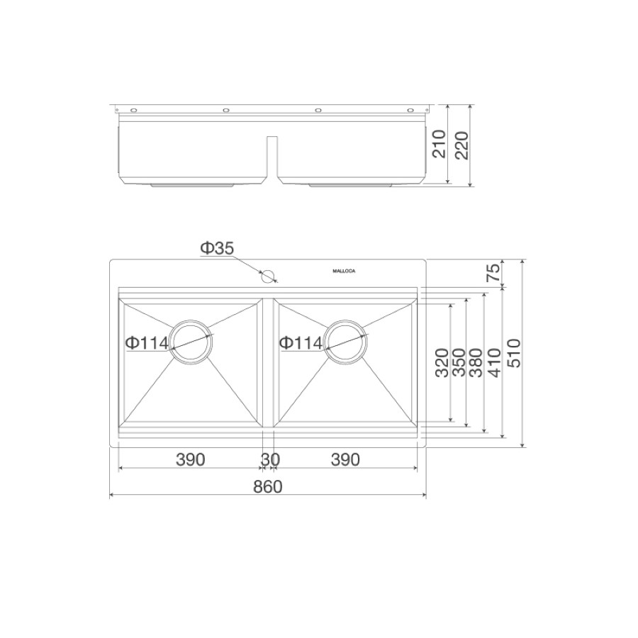 Hình kỹ thuật kích thước lắp đặt chậu rửa chén Malloca Slide MS862
