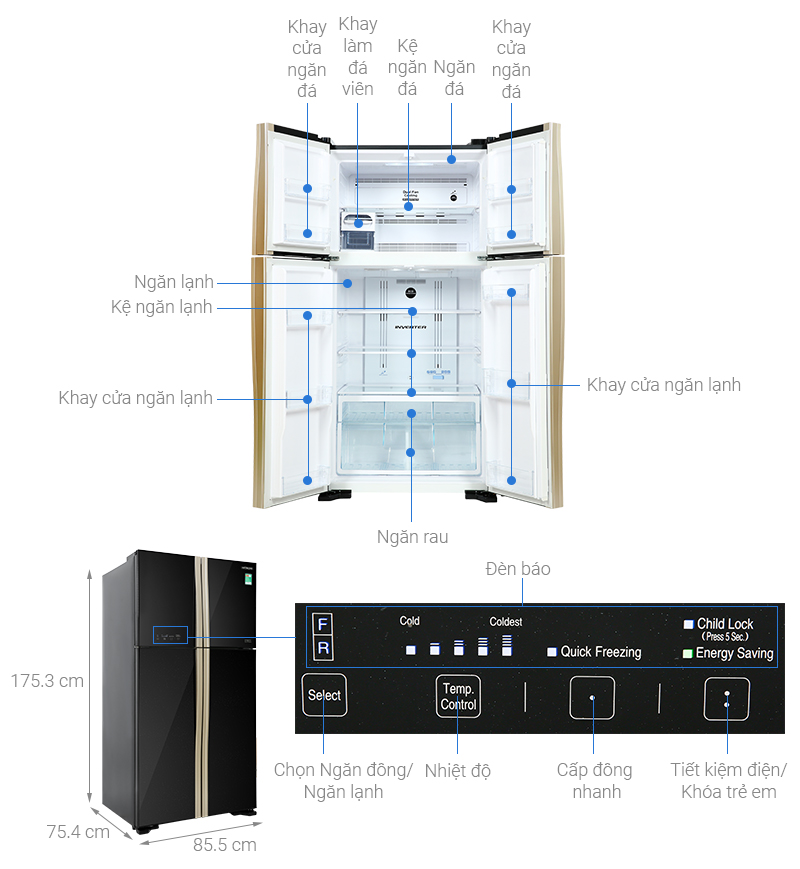 Tủ lạnh Hitachi Inverter 509 lít Multi Door R-FW650PGV8 GBK - Chi tiết lồng chứa
