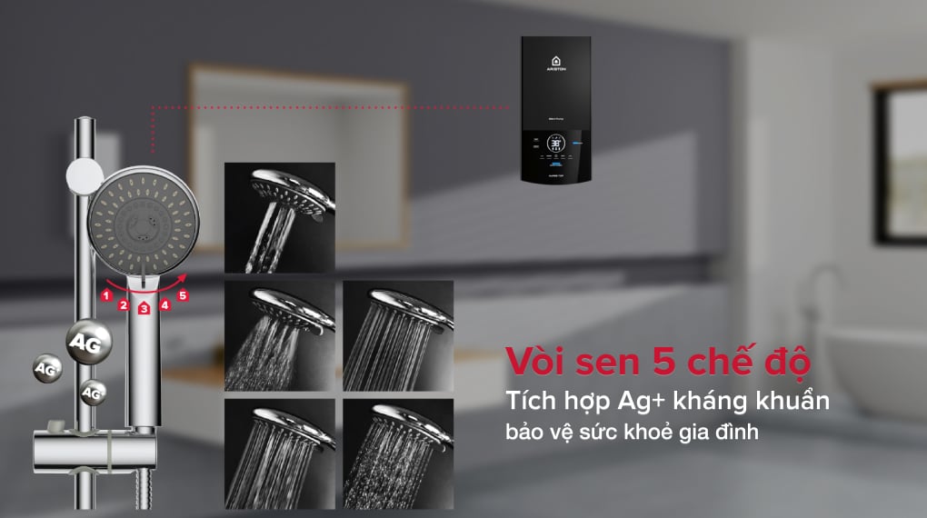 Máy nước nóng trực tiếp Ariston 4500W AURES TOP 4.5P - Vòi sen 5 chế độ tráng Ag+ kháng khuẩn