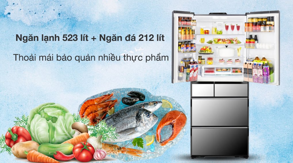 Phân chia dung tích ngăn lạnh 523L và ngăn đá đông 212L của Hitachi