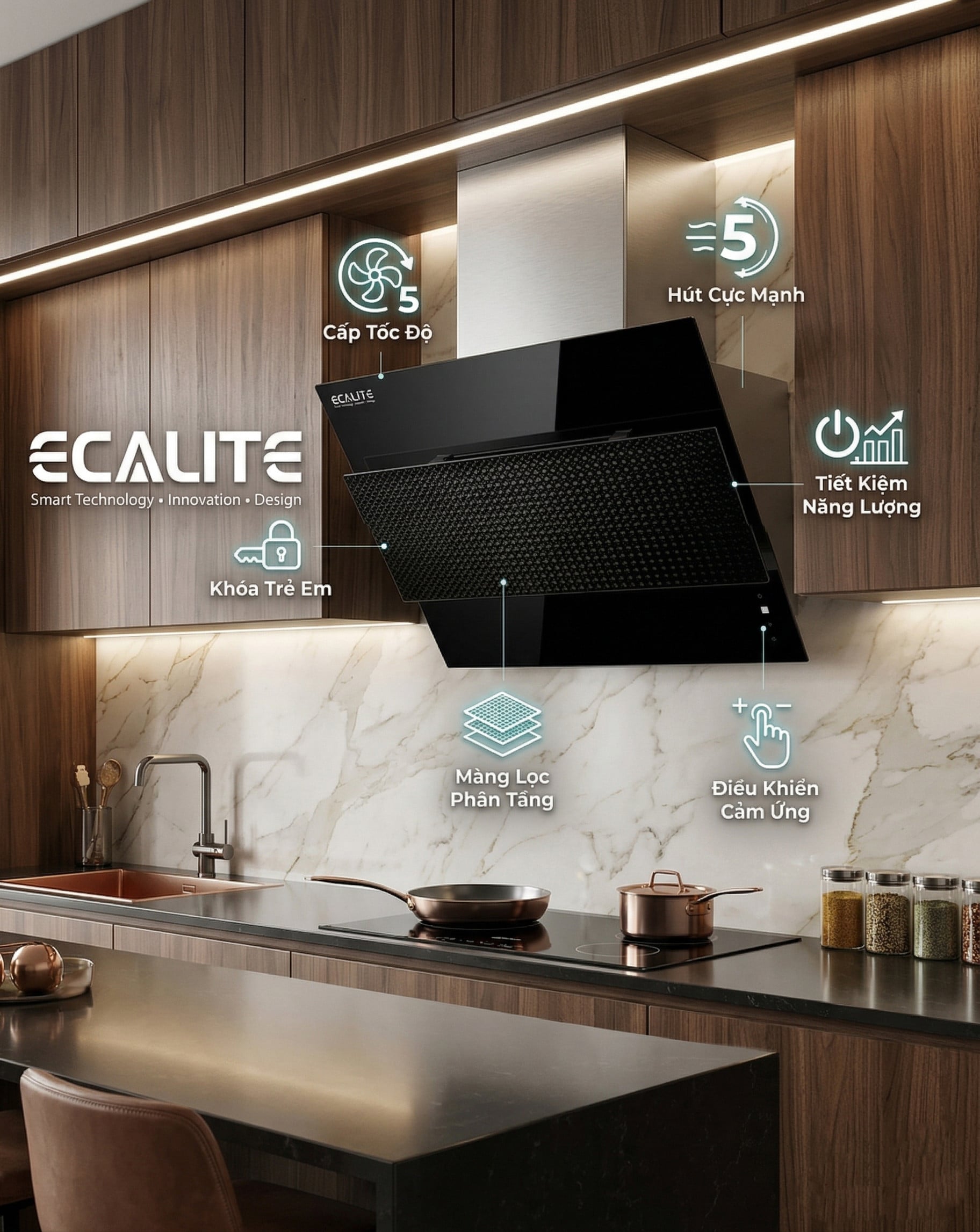 Máy hút mùi Ecalite EHD-700VB vận hành êm dưới 53 dB