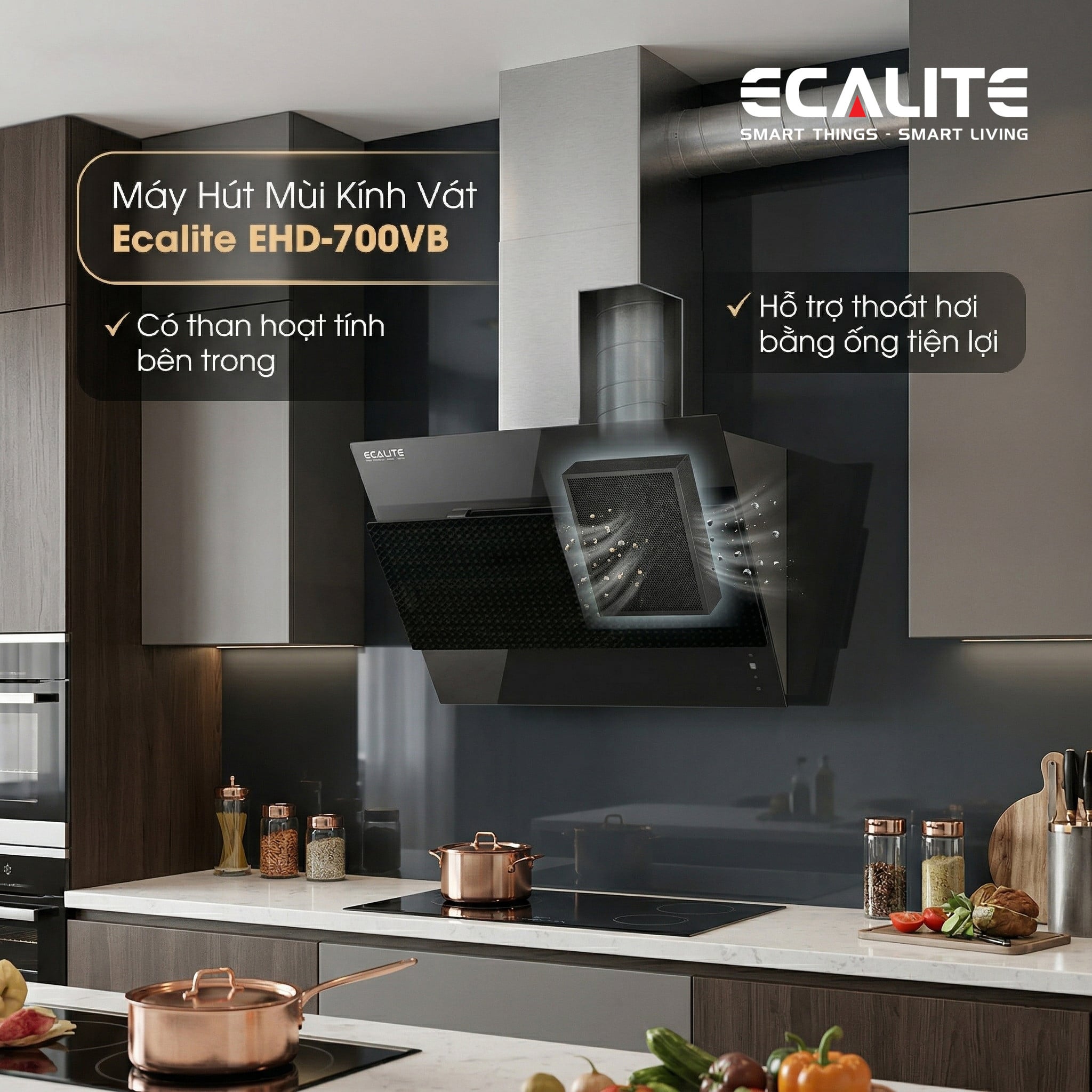 Máy hút mùi Ecalite EHD-700VB thoát khí bằng ống hoặc than hoạt tính