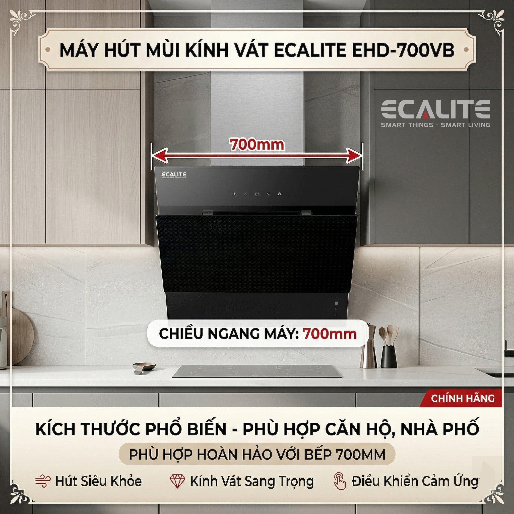Máy hút mùi kính vát Ecalite EHD-700VB bề ngang 70 cm