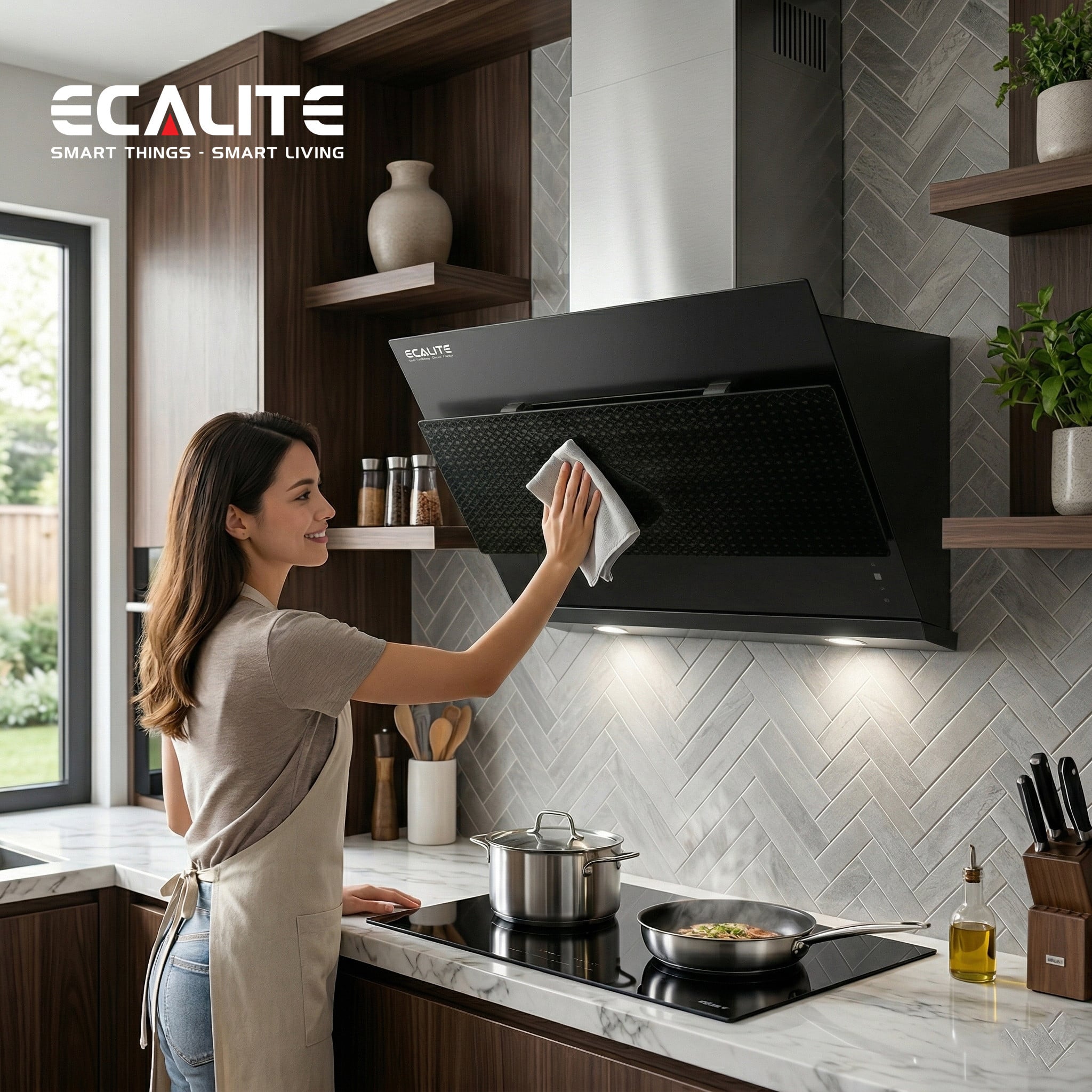 Mặt kính đen của máy hút mùi Ecalite EHD-700VB dễ lau chùi