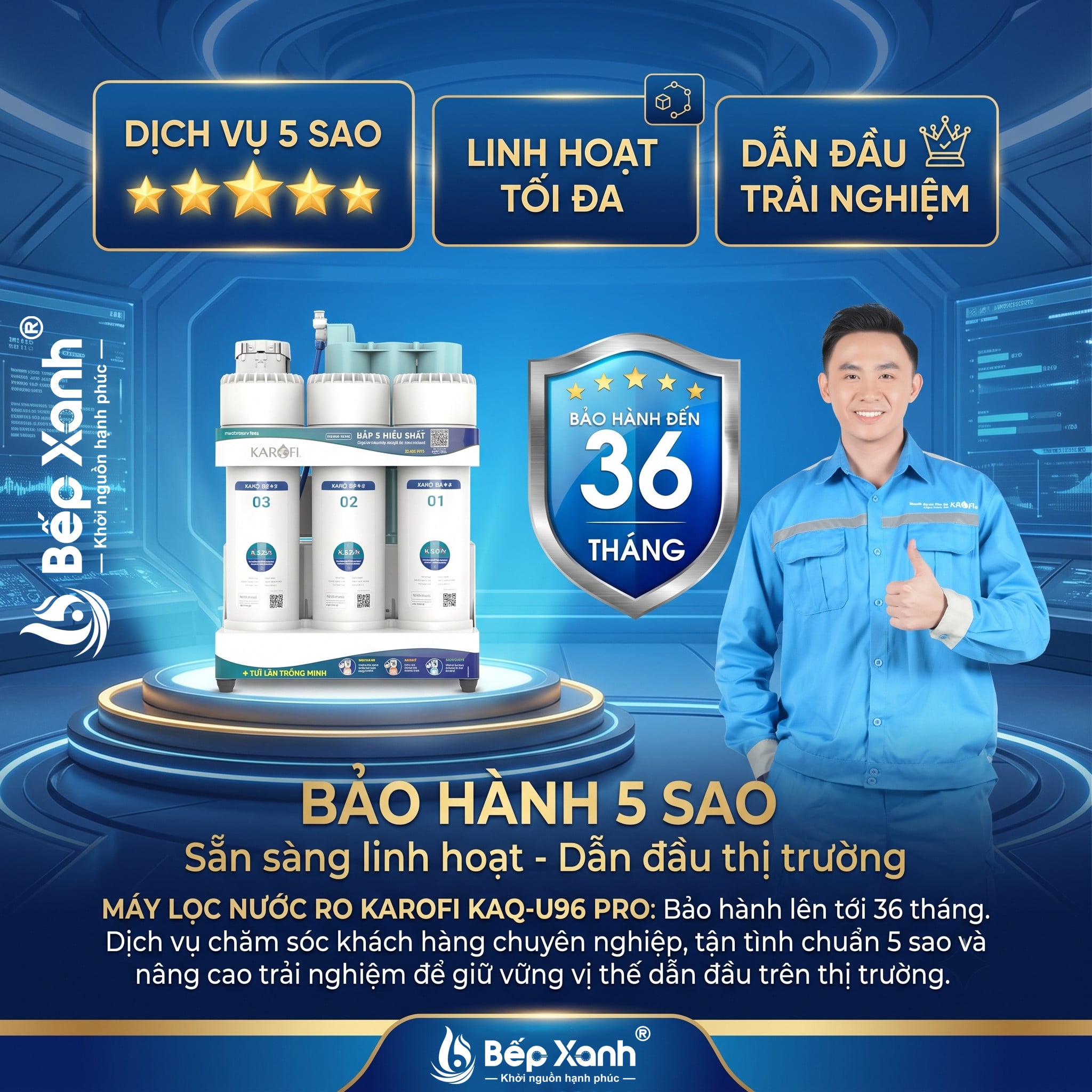 Chế độ bảo hành 36 tháng cho máy lọc nước Karofi KAQ-U96 Pro